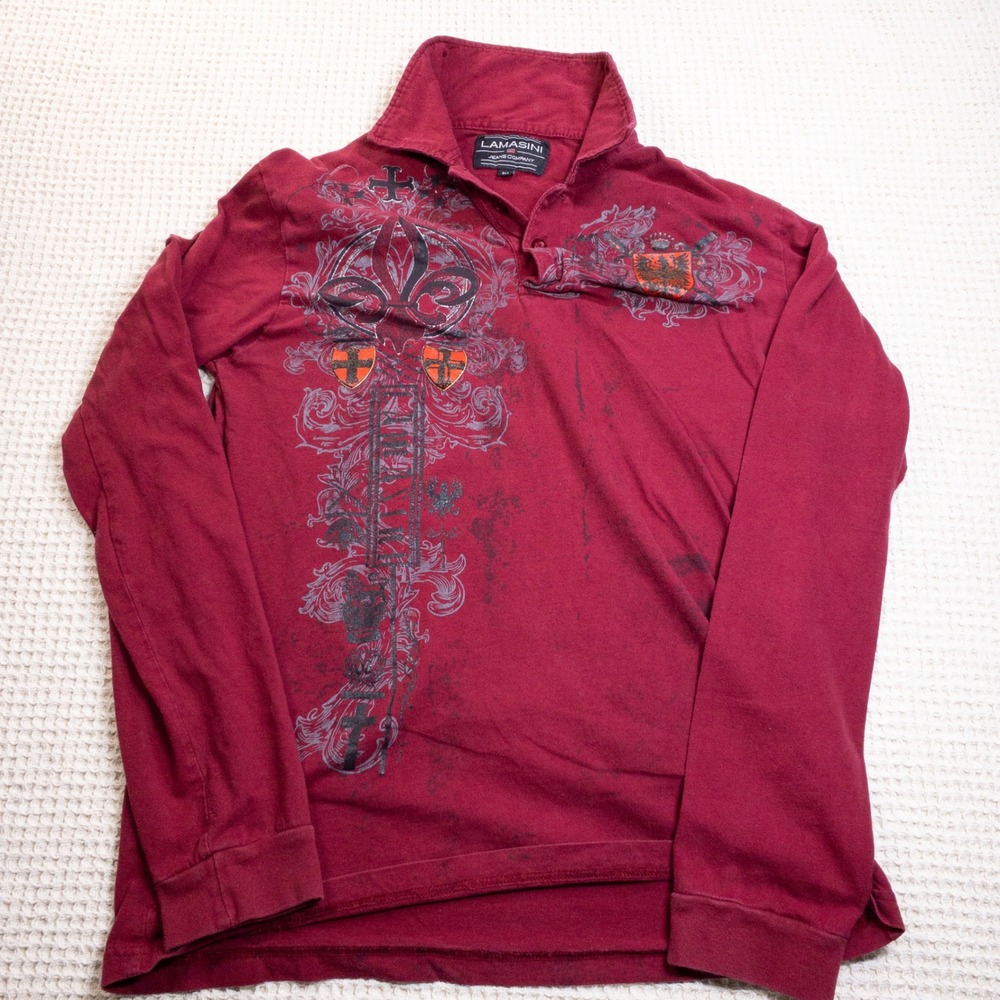 Lamasini Jeans Company Mens Burgundy Graphic Long Sleeve Polo Shirt Size M Y2K